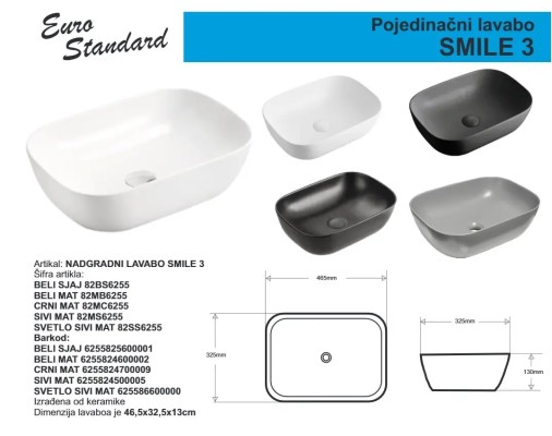 LAVABO SMILE 3 E-6255 BELI SJ.